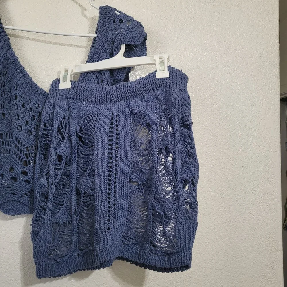 Women's PrettyLittleThing Petite Blue Crochet Knit Bardot Top and Skirt Set Sz 8